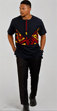 Ankara shirt tucked into black-Chino's